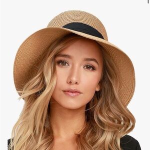 Woman’s Packable Tan Sun Hat with Black Band